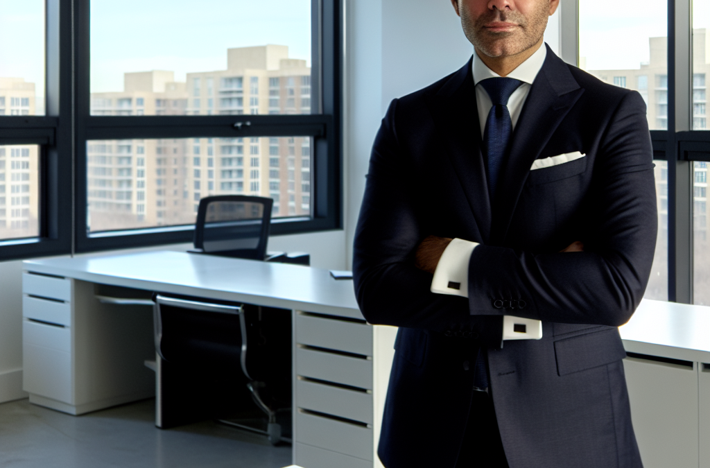 Professional portrait of a New Jersey real estate attorney and businessman in a modern office